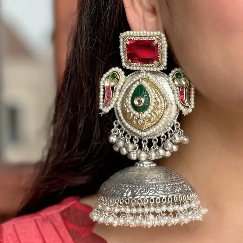 Oxidised Ruby Jhumkas