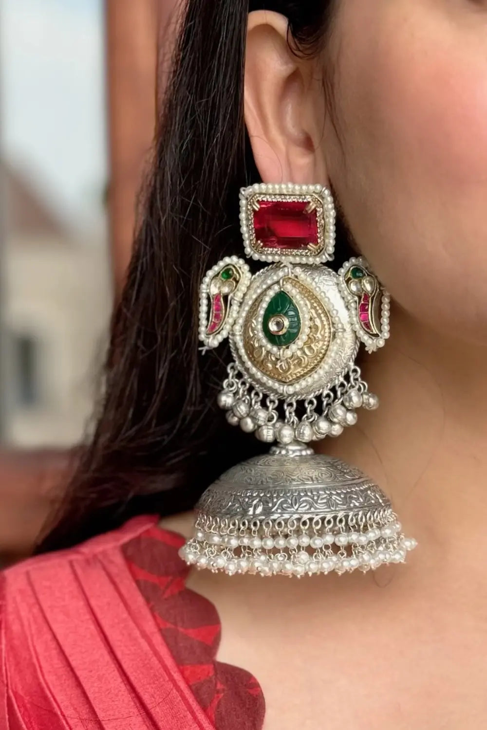 Oxidised Ruby Jhumkas