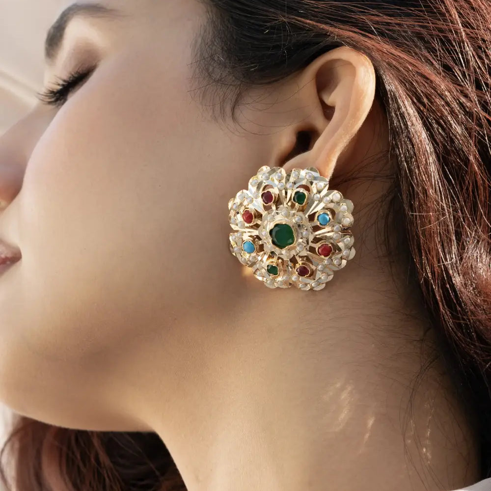 Floral Multicoloured Jadau Studs