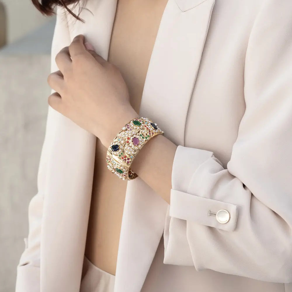 
                      
                        Navratan Jadau Statement Bracelet
                      
                    