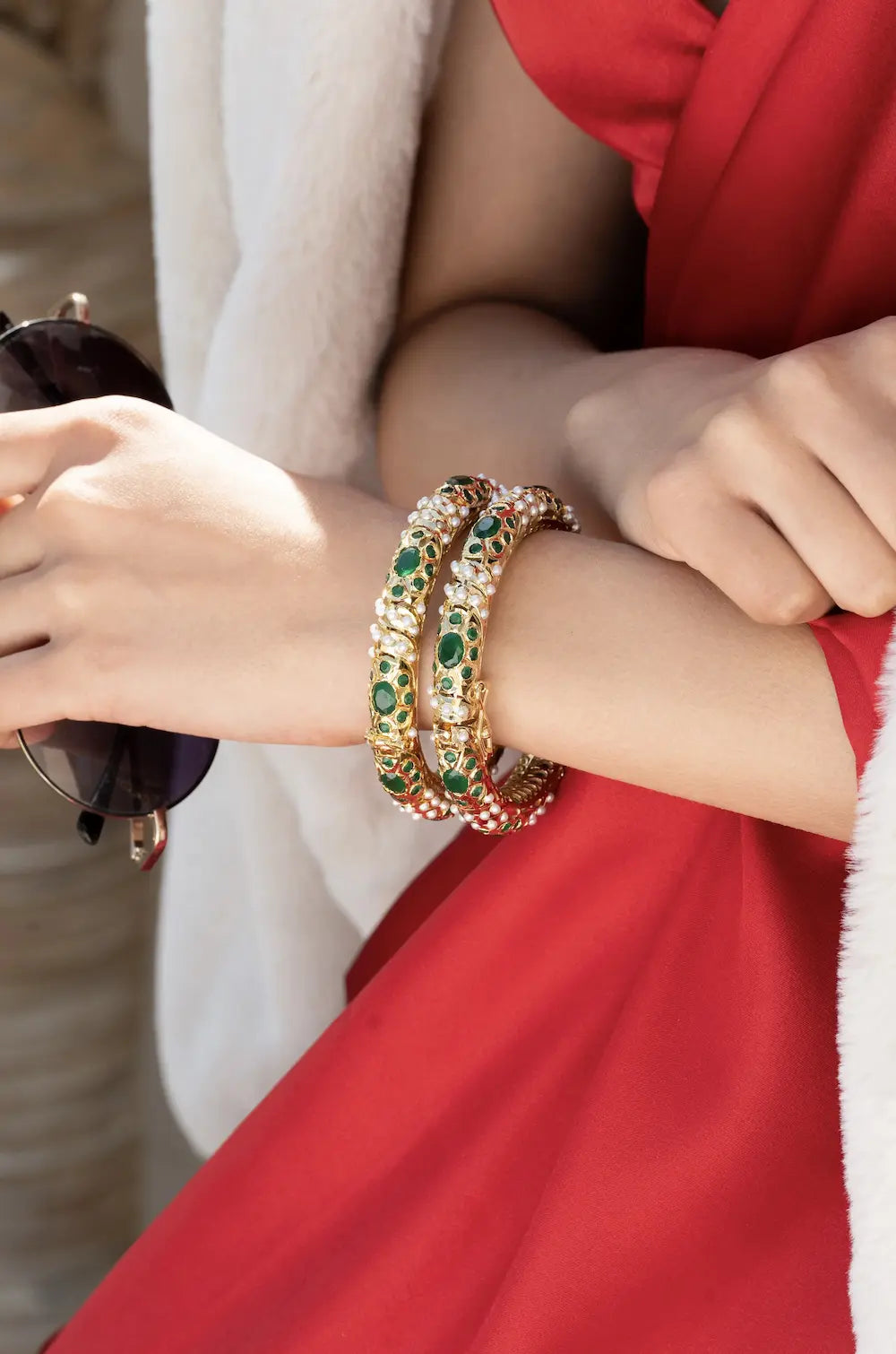 Green Jadau Bangles - Set Of 2