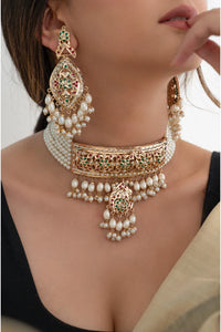 Jadau Red Green Choker Necklace Set