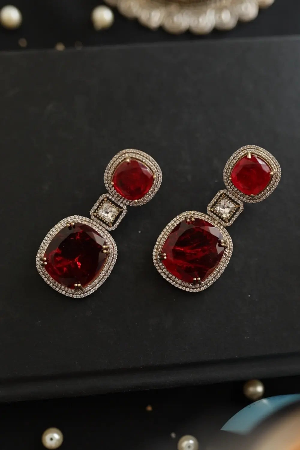 Crimson Red Polki Drop Earrings