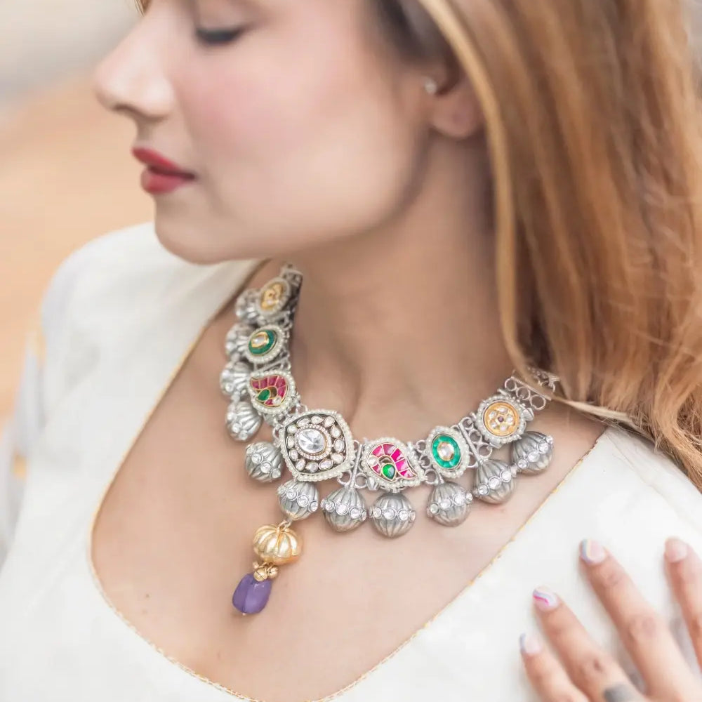 Oxidised Kundan Motifs Necklace