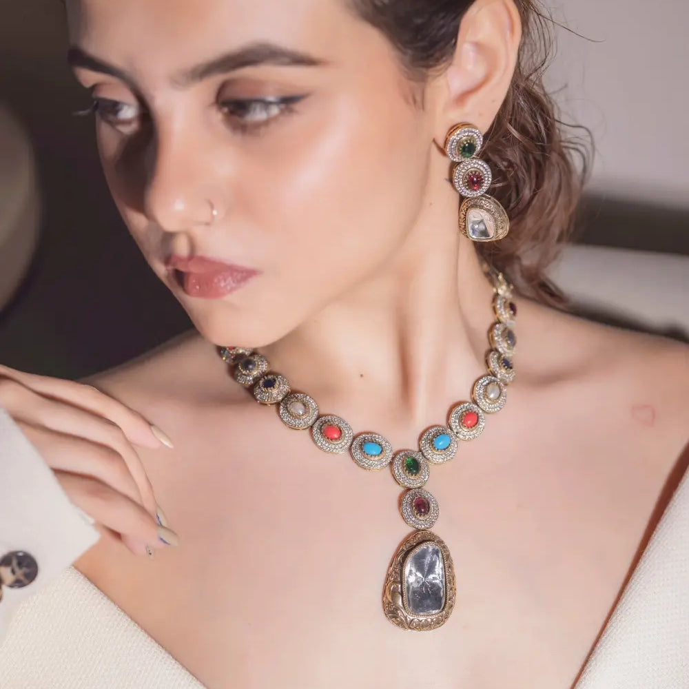 
                      
                        Navratan Moissanite Polki Necklace Set
                      
                    