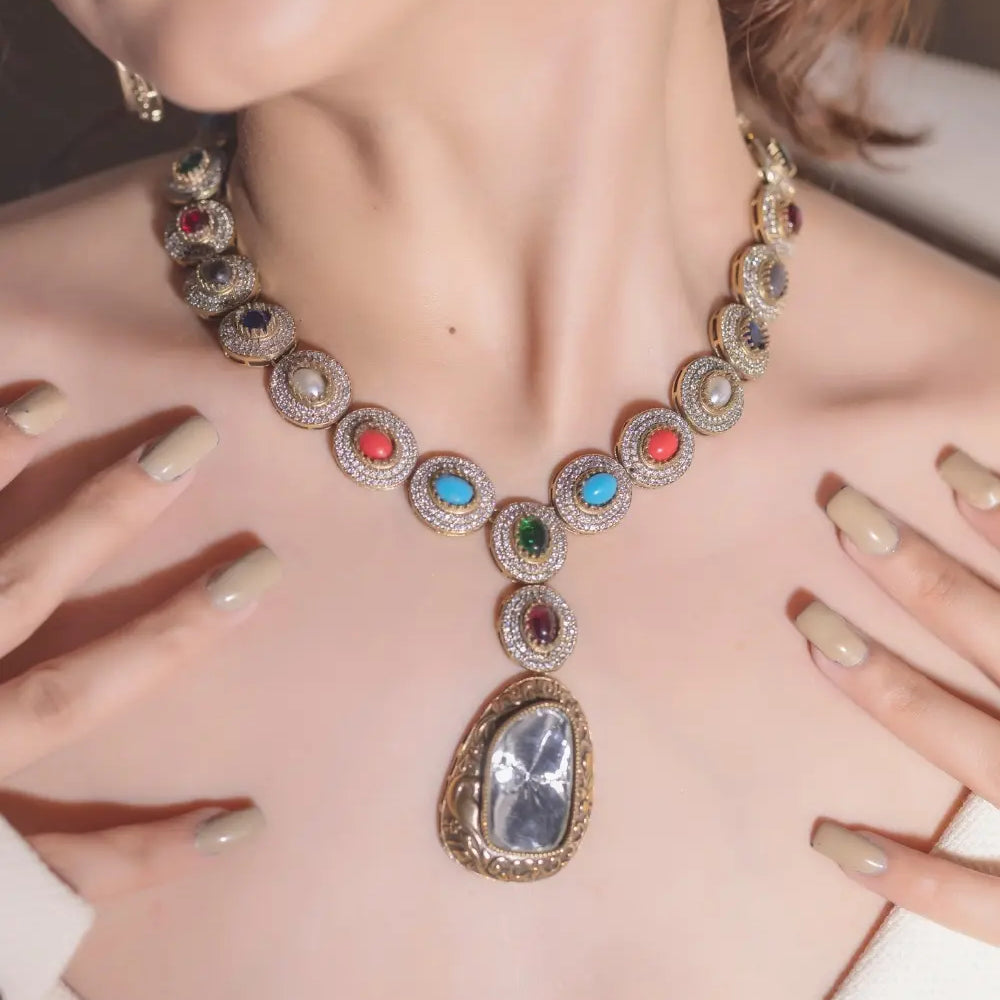Navratan Moissanite Polki Necklace Set
