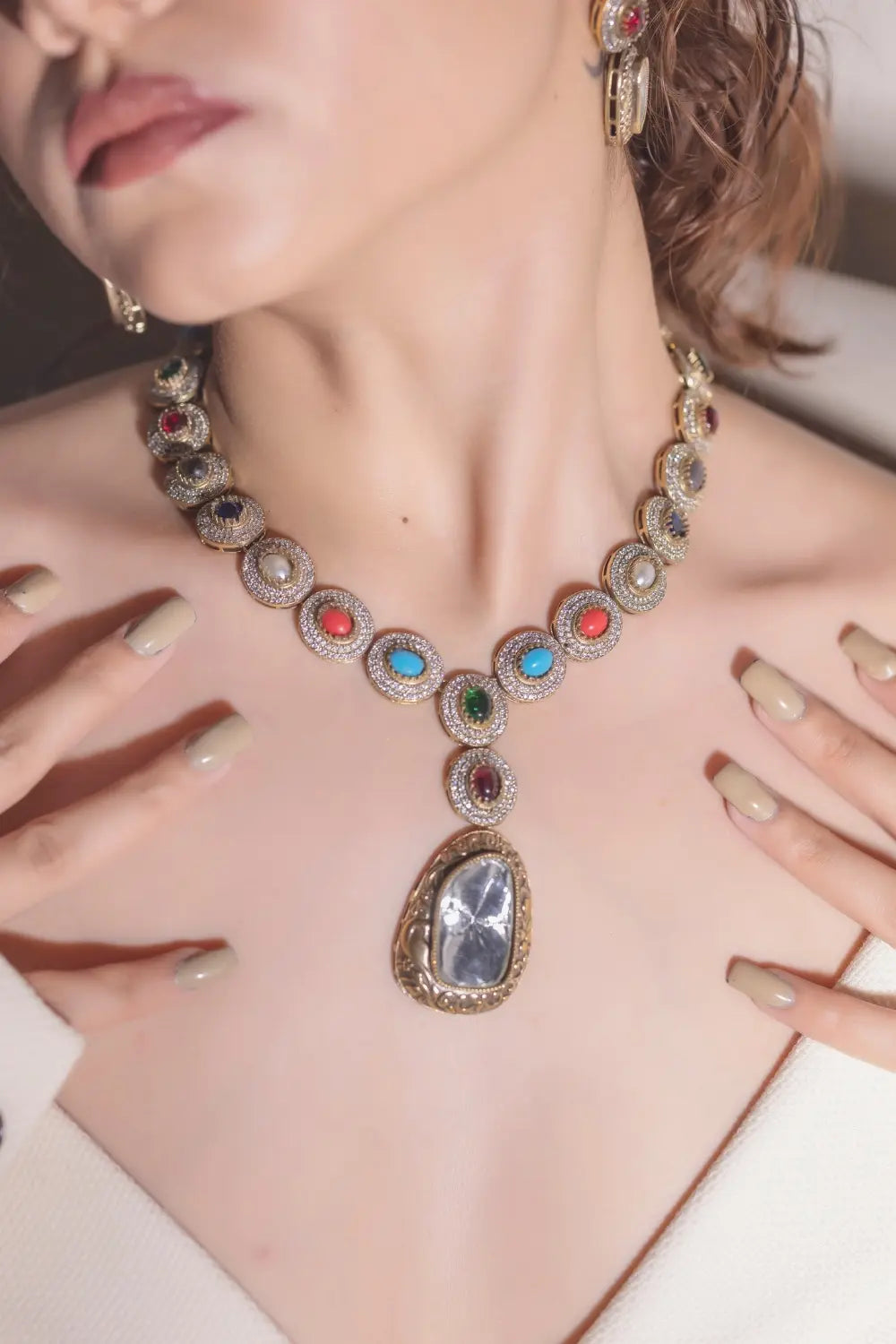 Navratan Moissanite Polki Necklace Set
