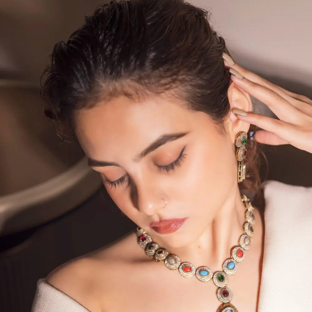 
                      
                        Navratan Moissanite Polki Necklace Set
                      
                    