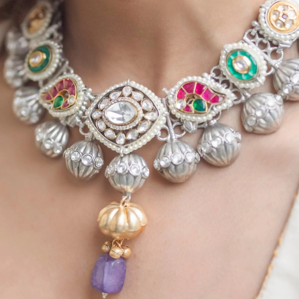 
                      
                        Oxidised Kundan Motifs Necklace
                      
                    