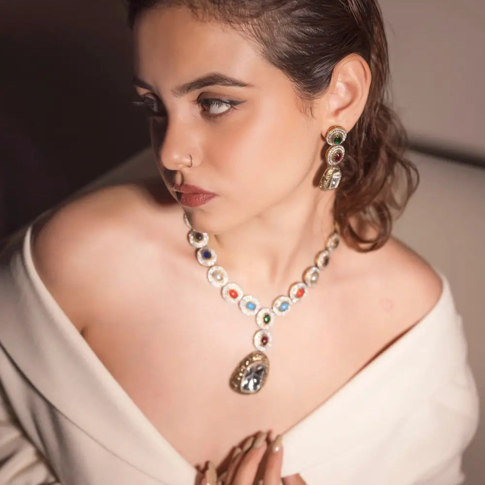 
                      
                        Navratan Moissanite Polki Necklace Set
                      
                    