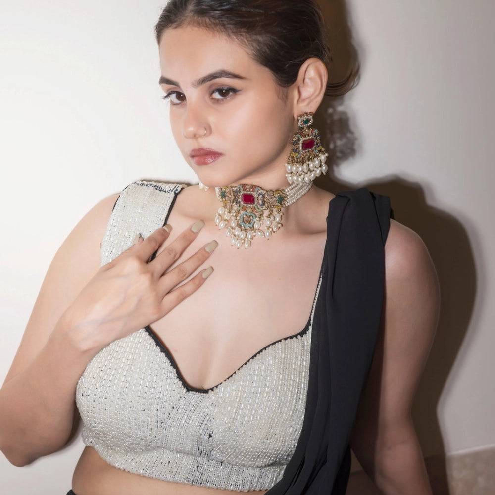 Multicolour Jadau Choker Necklace Set - Sultana