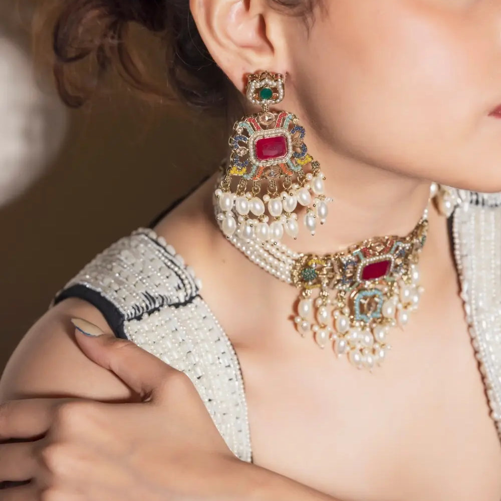 
                      
                        Multicolour Jadau Choker Necklace Set
                      
                    