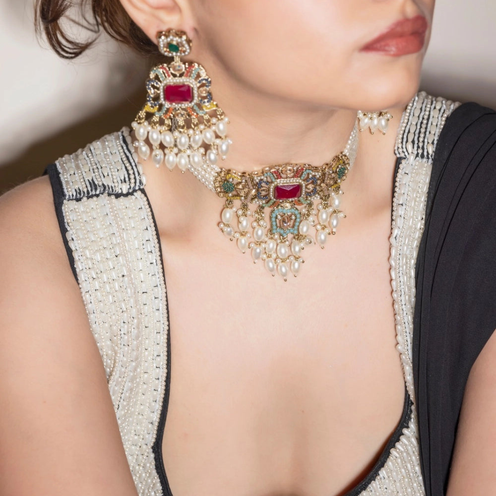 
                      
                        Multicolour Jadau Choker Necklace Set - Sultana
                      
                    