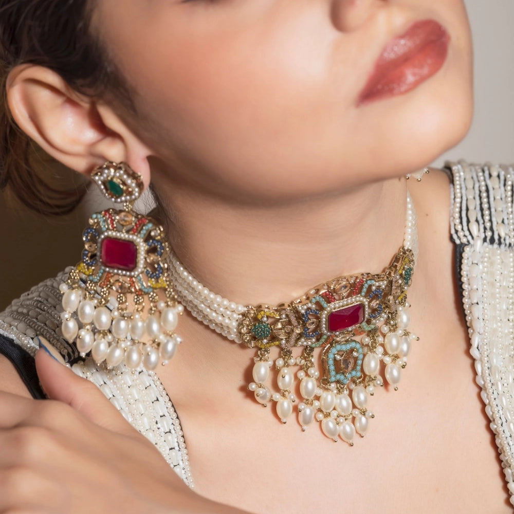 
                      
                        Multicolour Jadau Choker Necklace Set - Sultana
                      
                    
